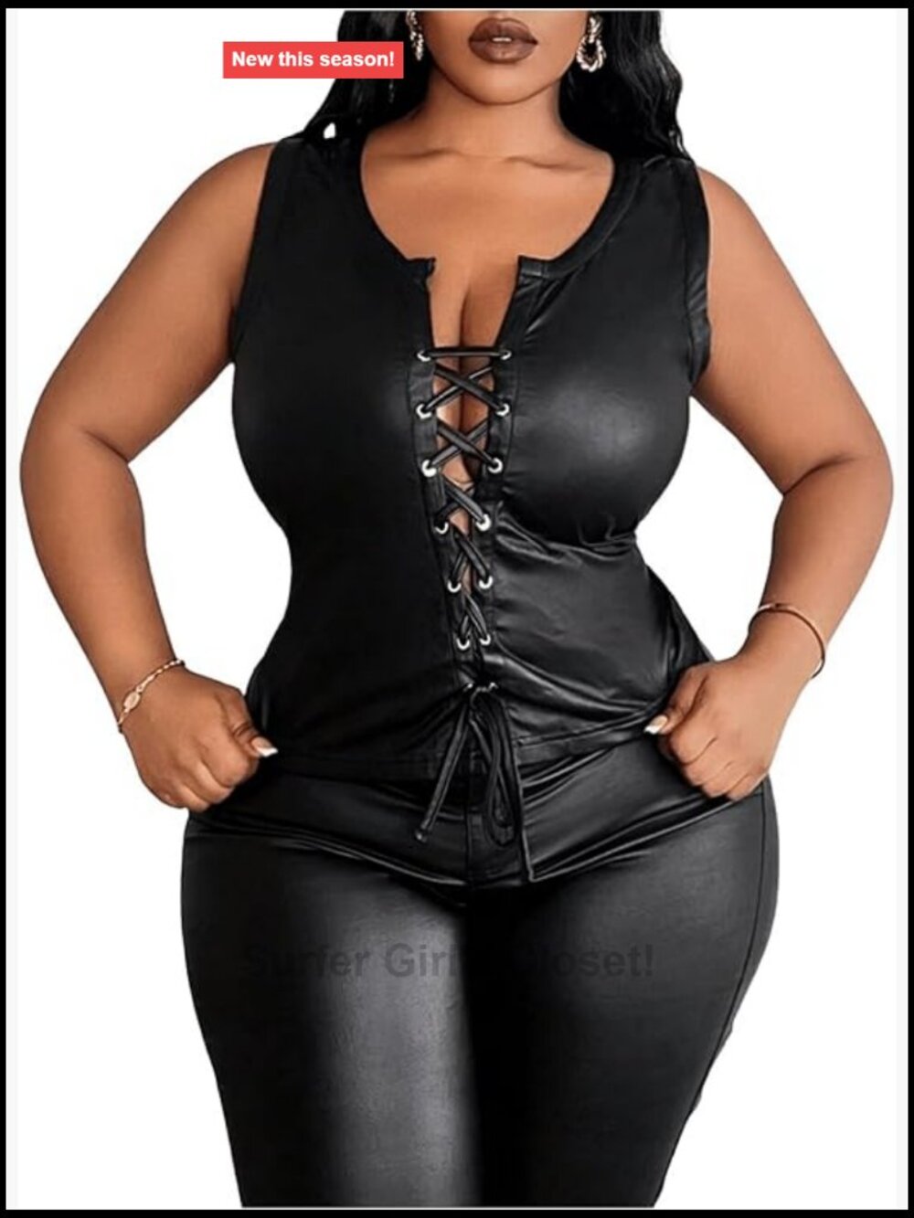 Plus Size PU Leather Sleeveless Tank Lace Up Music Festival Top